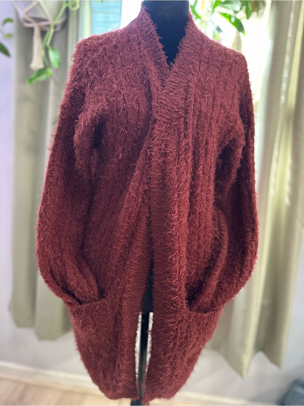 Hippie Rose Large Rust Fuzzy Shaggy Open Front Cardigan Sweater
